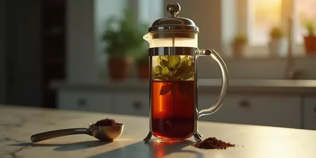 Fresh cannabis tea brewed in a French press with visible cannabis leaves and ground tea.