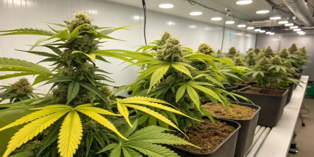 Cannabis plants in a grow room under fluorescent lights, displaying dense buds and healthy leaves during flowering.