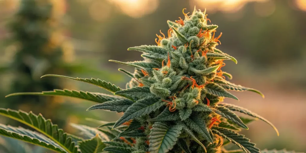 Cannabis bud with orange pistils and a layer of trichomes, glowing under the soft light of sunset.
