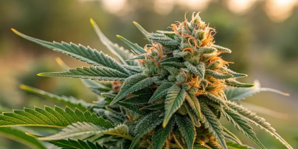 Close-up of cannabis bud, showing dense trichomes and vibrant green leaves under natural light.