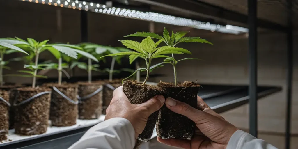 close-up of cannabis clones with exposed roots during early propagation stage