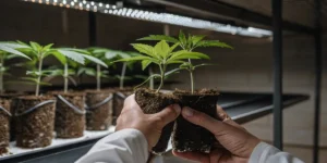 close-up of cannabis clones with exposed roots during early propagation stage