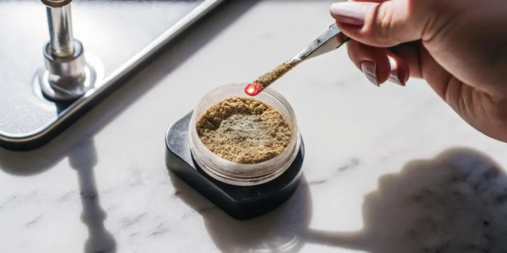 Hand using a dab tool to collect kief from a glass container for dabbing.