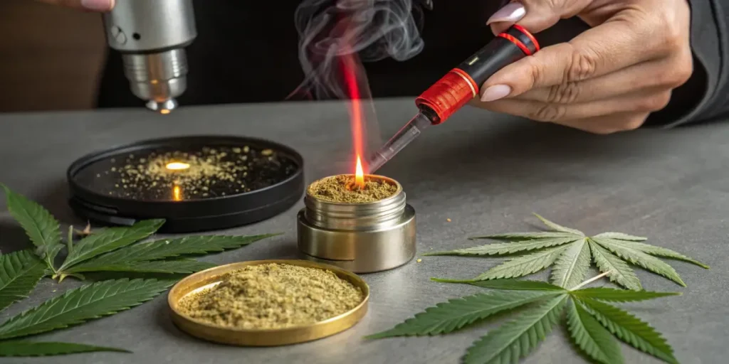 Person dabbing kief with a heated tool surrounded by cannabis leaves on a table.