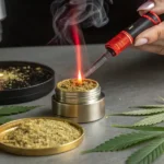 Person dabbing kief with a heated tool surrounded by cannabis leaves on a table.