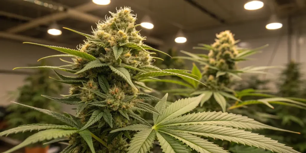 Large, dense cannabis buds on a flowering plant in an indoor grow room.