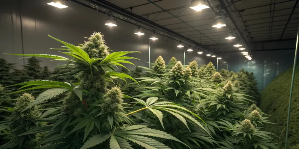 Gruntz weed strain in the flowering phase, showcasing dense buds with a healthy layer of trichomes under grow lights