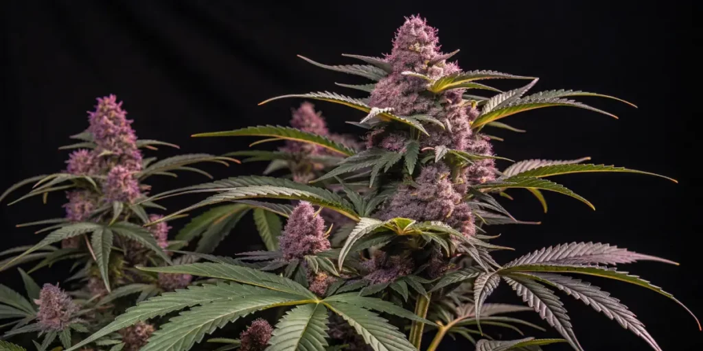 Flowering phase of Tropicana Cookies purple weed with dense buds and vibrant purple hues.