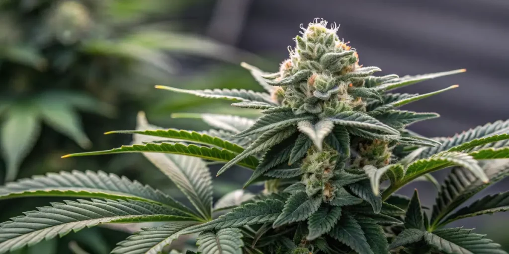 Close-up of Gruntz weed strain with thick, resinous buds and rich green leaves, growing under controlled conditions.