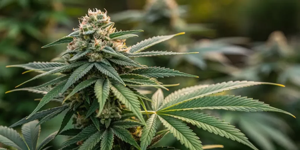 Shiskaberry weed strain with dense buds and vibrant green leaves, demonstrating the flowering phase.