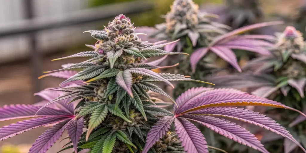 Close-up of Tropicana Cookies purple weed strain with vibrant purple leaves and healthy buds.