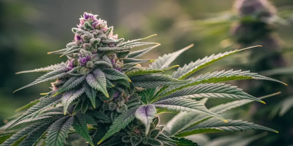 Afghan Kush cannabis bud covered in frosty trichomes with deep green leaves and purple hues, set against a blurred natural background.