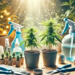 Cannabis plants in pots under sunlight, surrounded by gardening tools and spray bottles.