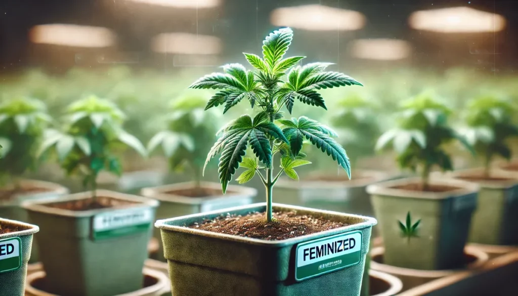 Feminized cannabis plant in a labeled container surrounded by similar plants, illustrating the potential for can you clone feminized seeds.