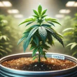 Young cannabis plant labeled as feminized in a pot, highlighting its growth potential and suitability to answer can you clone feminized seeds.
