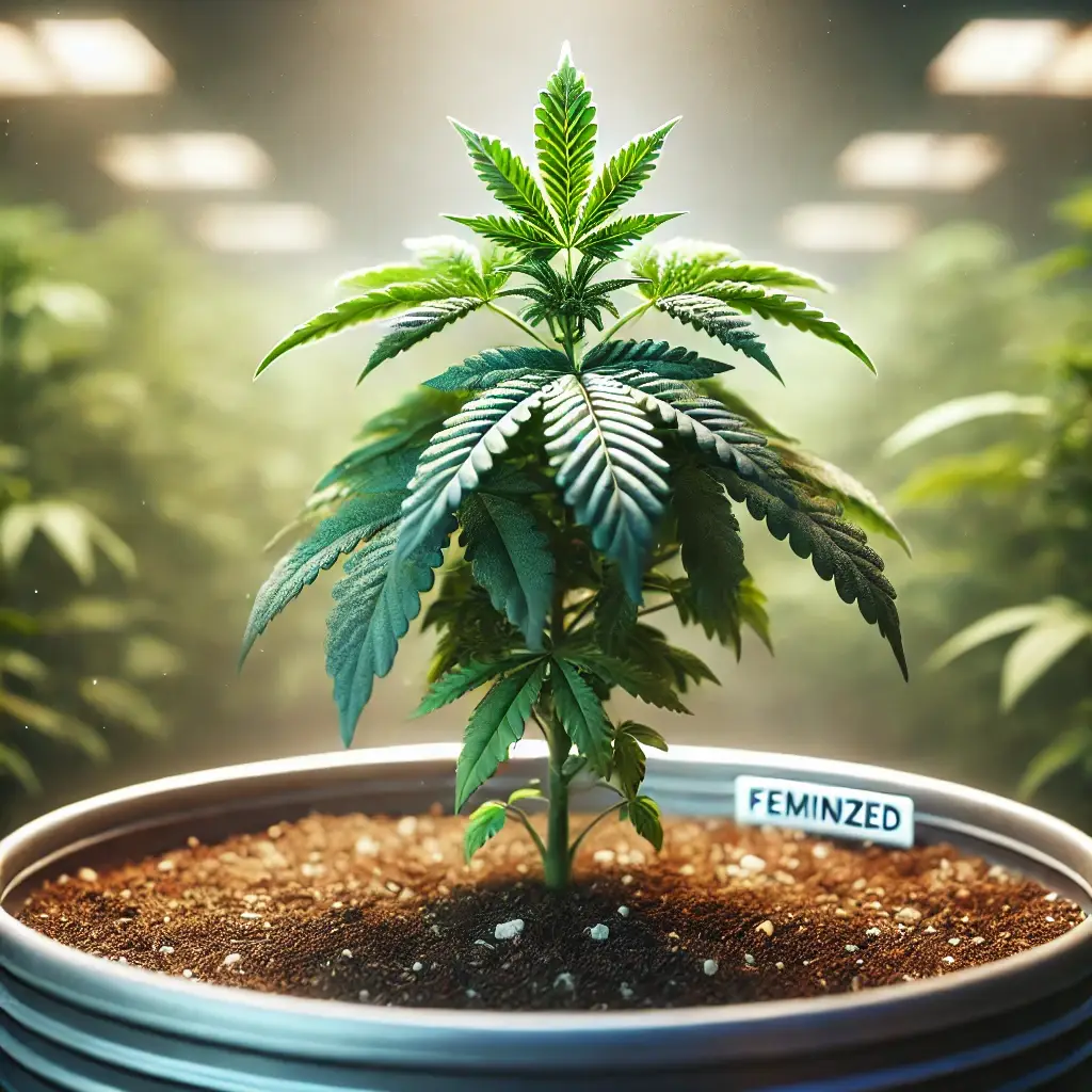 Young cannabis plant labeled as feminized in a pot, highlighting its growth potential and suitability to answer can you clone feminized seeds.
