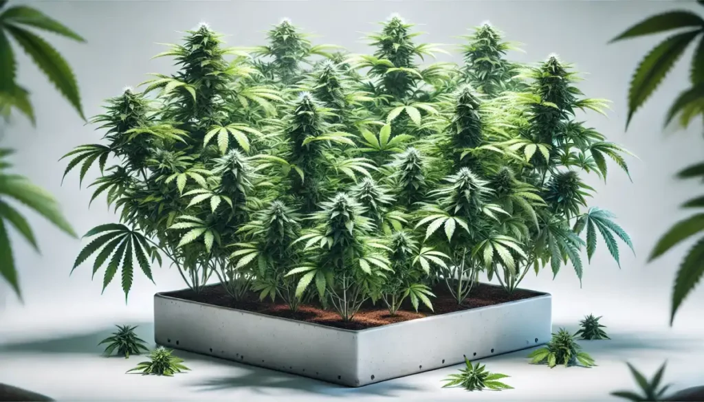 Dense cluster of cannabis plants grown from cheap clones in a rectangular bed, emphasizing high yield potential for budget-conscious growers.