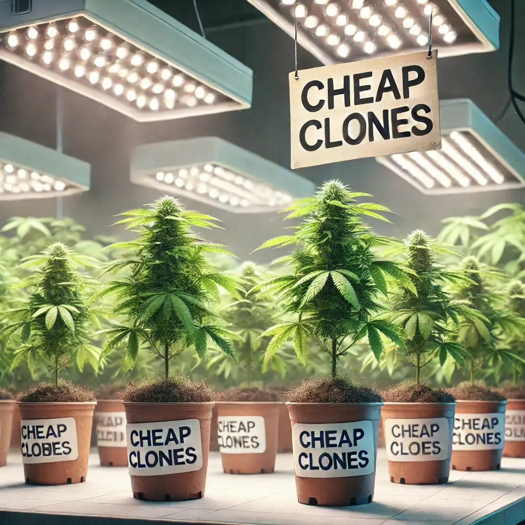 Potted cannabis clones labeled as 'cheap clones,' growing vigorously under bright LED lights in an indoor setup, showcasing affordable cultivation options.