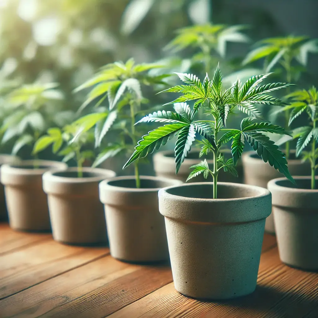Row of small cannabis clones in clay pots, representing the convenience and accessibility of buying cannabis clones online.