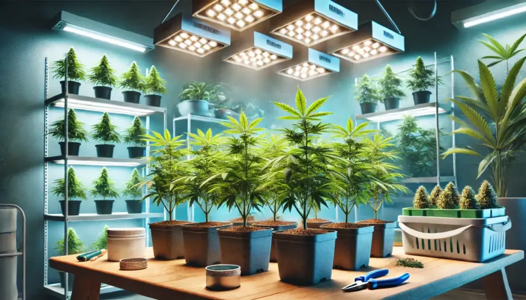 Multiple cannabis clones under LED lights in a well-organized indoor grow room, illustrating the controlled environment for clones bought online.