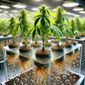 Healthy hydro clones thriving in a controlled indoor environment, with visible roots in nutrient-rich water and vibrant green leaves under LED lights.