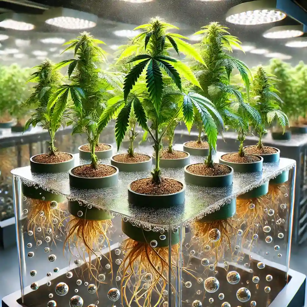 Healthy hydro clones thriving in a controlled indoor environment, with visible roots in nutrient-rich water and vibrant green leaves under LED lights.
