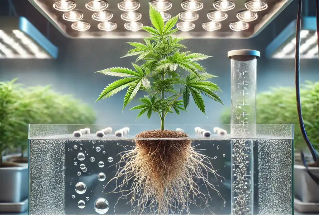 Single hydro clone suspended in water, roots spreading into a clear nutrient solution, illuminated by bright LED grow lights in a high-tech setup.