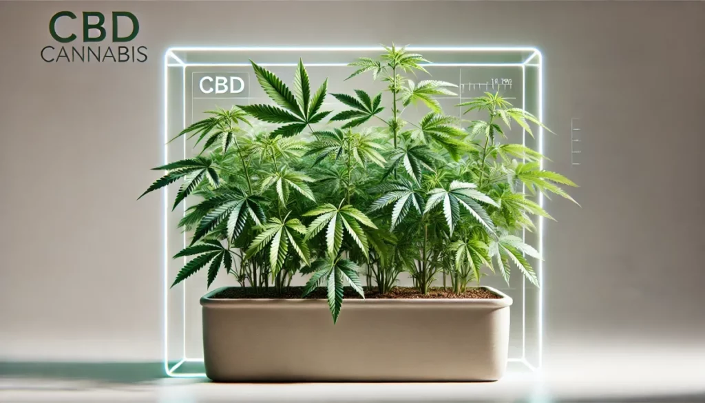 Close-up of a healthy CBD cannabis clone with vibrant green leaves, showcasing high-quality CBD production