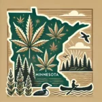 Artistic map of Minnesota featuring cannabis leaves, a canoeist, and natural scenery, symbolizing the availability of clones for sale in MN.