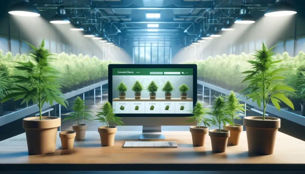 Cannabis clones in various growth stages displayed near a computer screen in a cultivation room, ideal for searching cannabis clones near me.