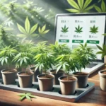 Cannabis clones in small pots under sunlight with a laptop displaying clone prices, representing options for finding cannabis clones near me.