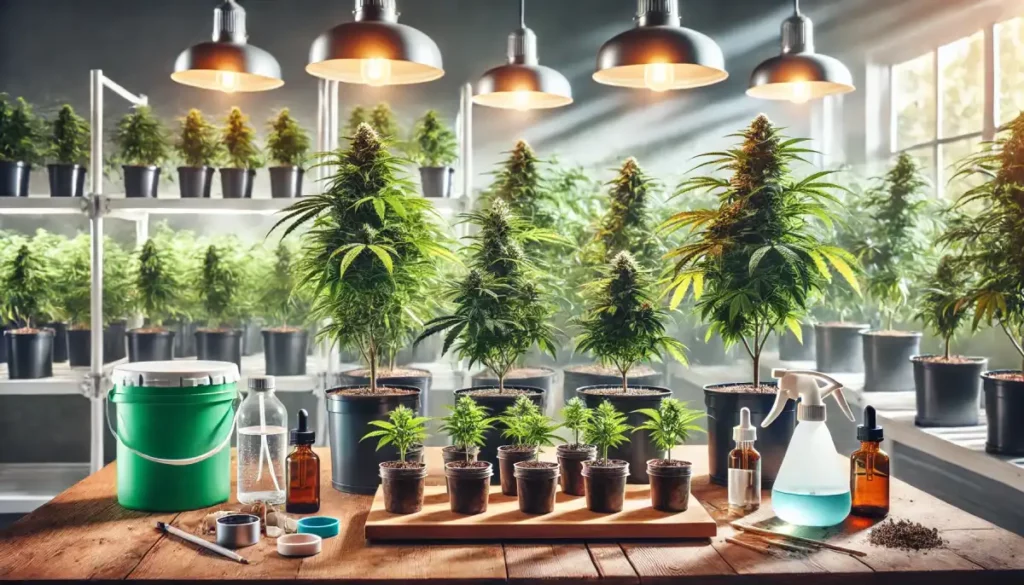 Multiple marijuana clones in an indoor grow room, surrounded by equipment and grow lights, ideal for successful clone cultivation.