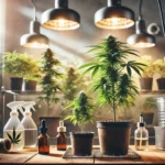 Two marijuana clones in pots under grow lights, with cultivation tools nearby, illustrating an indoor setup for growing marijuana clones.