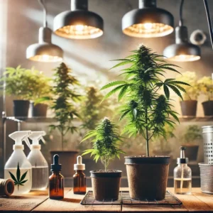 Two marijuana clones in pots under grow lights, with cultivation tools nearby, illustrating an indoor setup for growing marijuana clones.