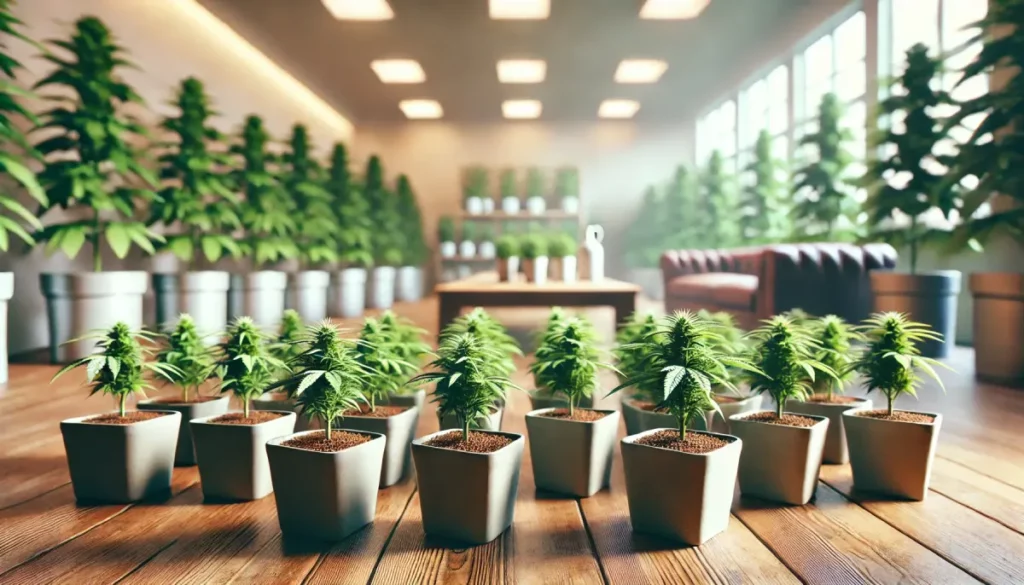 Indoor room with rows of cannabis clones in pots, arranged under natural light, inviting enthusiasts to buy pot clones.