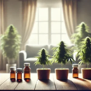 Small cannabis clones in pots alongside vials of oil, set on a wooden table, ideal for those looking to buy pot clones.