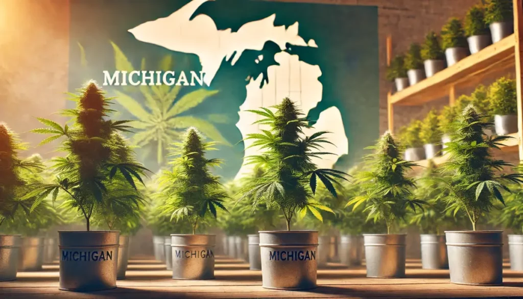 Row of cannabis plants labeled 'Michigan' in pots, placed indoors with Michigan map background, highlighting healthy Michigan clones in a cultivation setting.