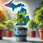 Cannabis plant labeled 'Michigan' in a pot, surrounded by other plants, with a Michigan map backdrop and soft indoor lighting.