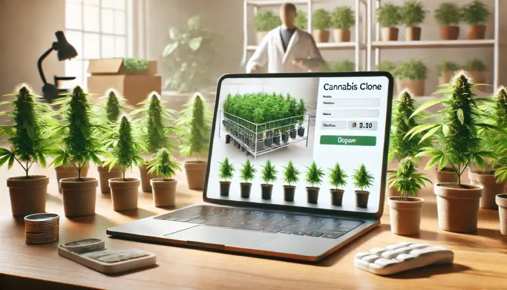 Laptop showing a cannabis clone store interface with various clone options, surrounded by young cannabis plants, emphasizing online purchasing convenience.