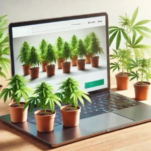 Cannabis clones in small pots placed on a laptop displaying an online store, symbolizing the ease of buying cannabis clones online.