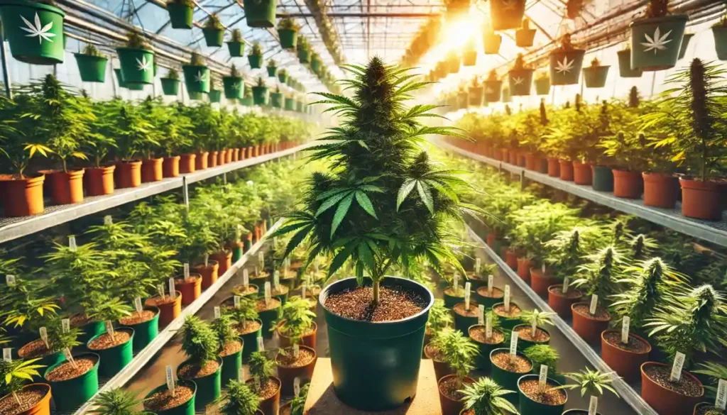 Greenhouse filled with marijuana clones in various stages of growth, illuminated by natural sunlight, ideal for locating marijuana clones near me.