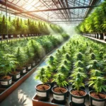 Rows of marijuana clones in pots inside a greenhouse, with sunlight filtering in, representing options for finding marijuana clones near me.