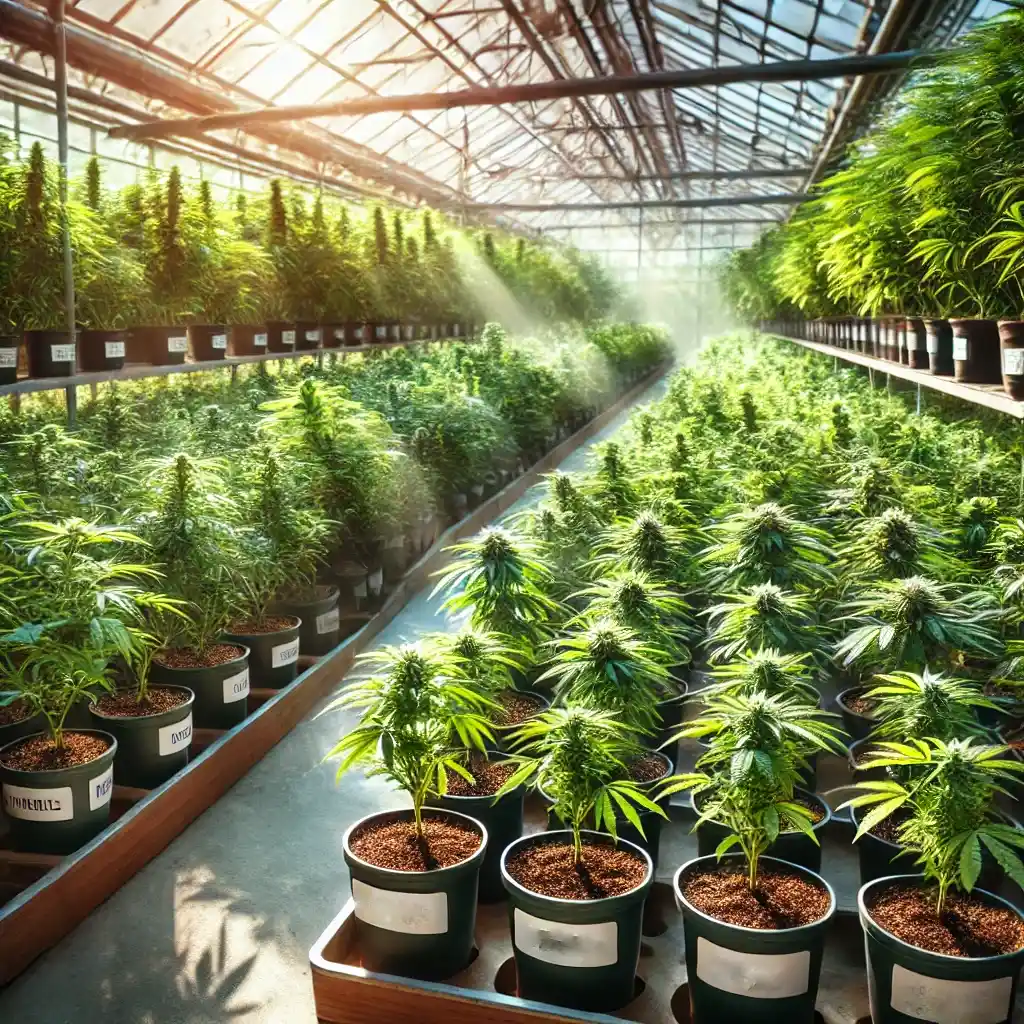 Rows of marijuana clones in pots inside a greenhouse, with sunlight filtering in, representing options for finding marijuana clones near me.