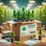 Box labeled 'Cannabis Clones' with young cannabis plants ready for shipping, surrounded by packaging materials and delivery items.