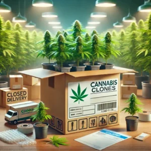 Box labeled 'Cannabis Clones' with young cannabis plants ready for shipping, surrounded by packaging materials and delivery items.