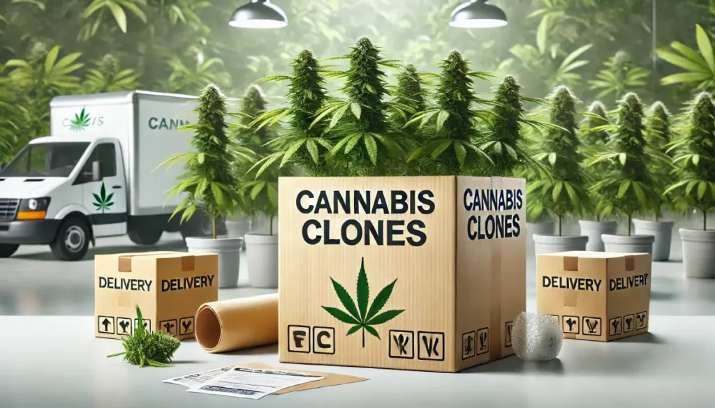 Large box of cannabis clones prepared for shipping, set in a greenhouse with delivery van and additional packages nearby.