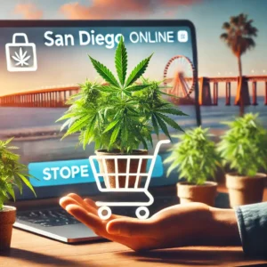 Cannabis plant with a shopping cart icon and San Diego city background, representing online cannabis shopping.
