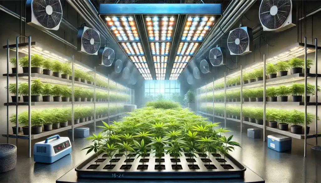 Indoor cannabis cultivation with multiple rows of young plants under adjustable LED lights and industrial fans, ideal for cannabis clone light schedule conditions.
