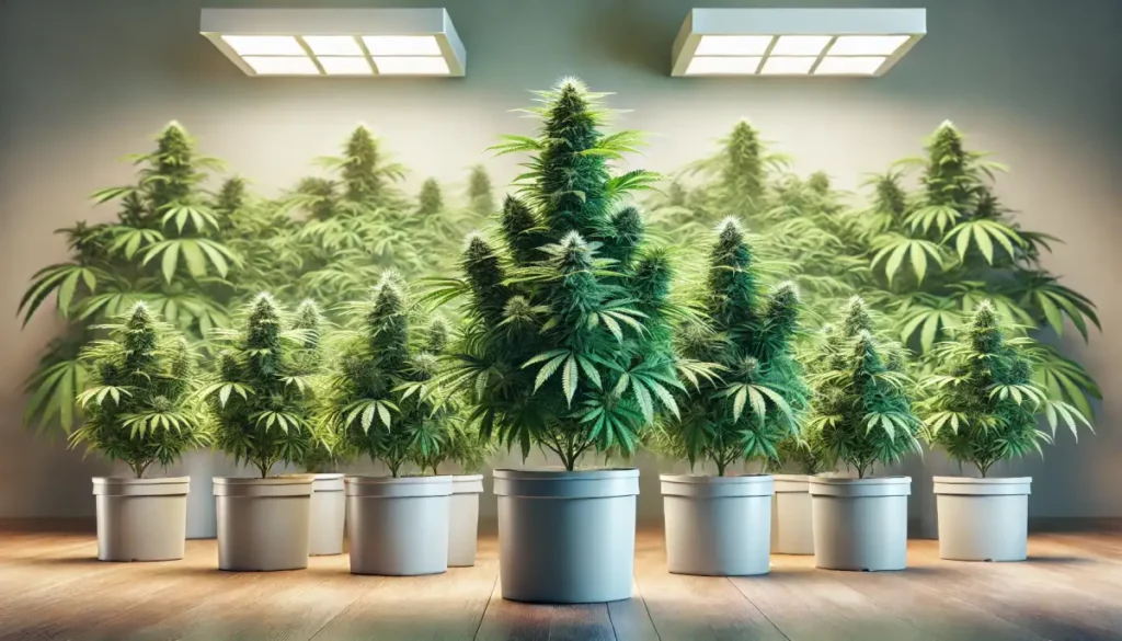 Indoor setup of healthy female cannabis clones in white pots under bright grow lights, showcasing robust growth and uniform structure.