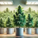 Indoor setup of healthy female cannabis clones in white pots under bright grow lights, showcasing robust growth and uniform structure.